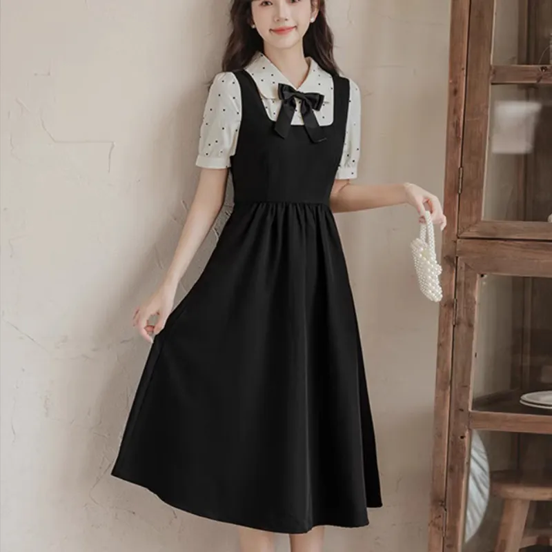 Alxnan Short Sleeved Dress Women's Black Apricot Patchwork-2