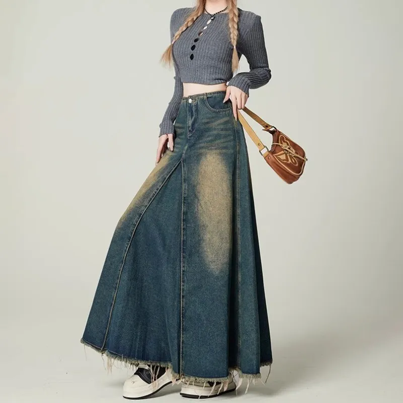 Alxnan Denim Long Skirts Women's Vintage Blue-4