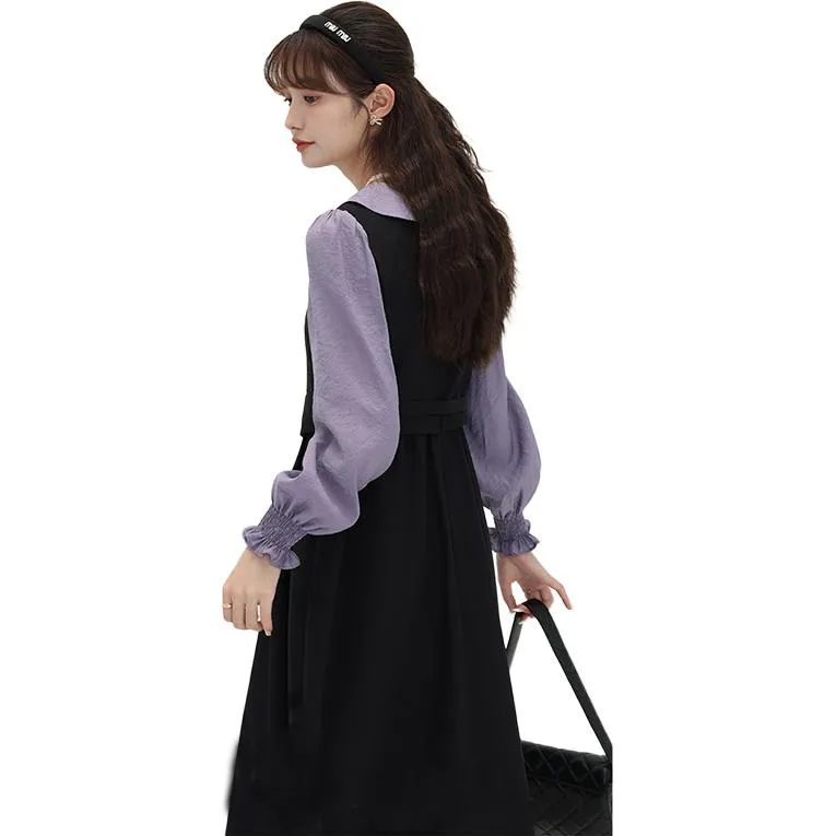 Alxnan Long Sleeved Dress Women's Black Purple-1