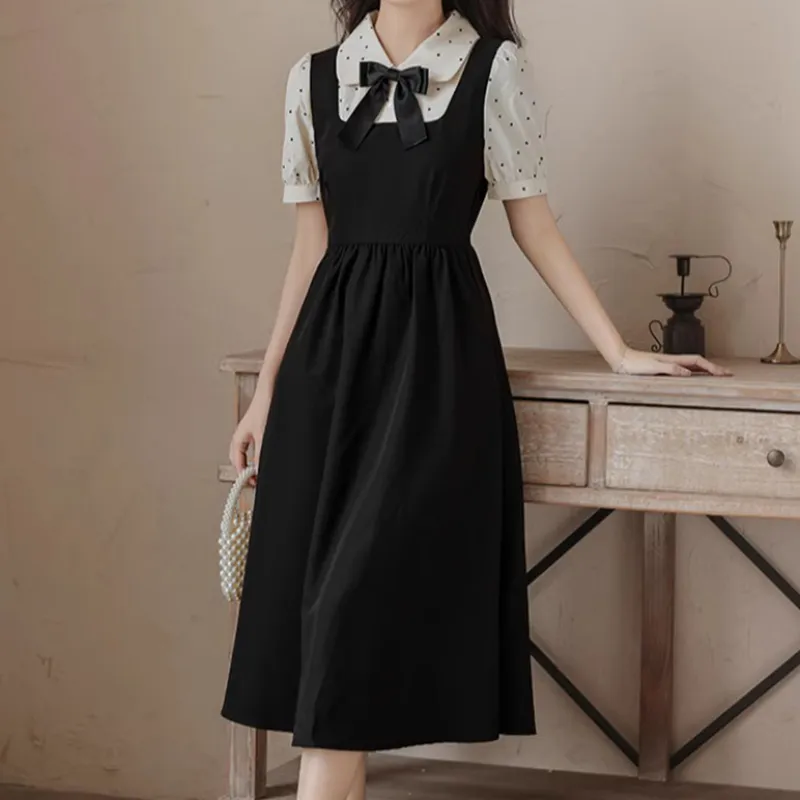 Alxnan Short Sleeved Dress Women's Black Apricot Patchwork-3