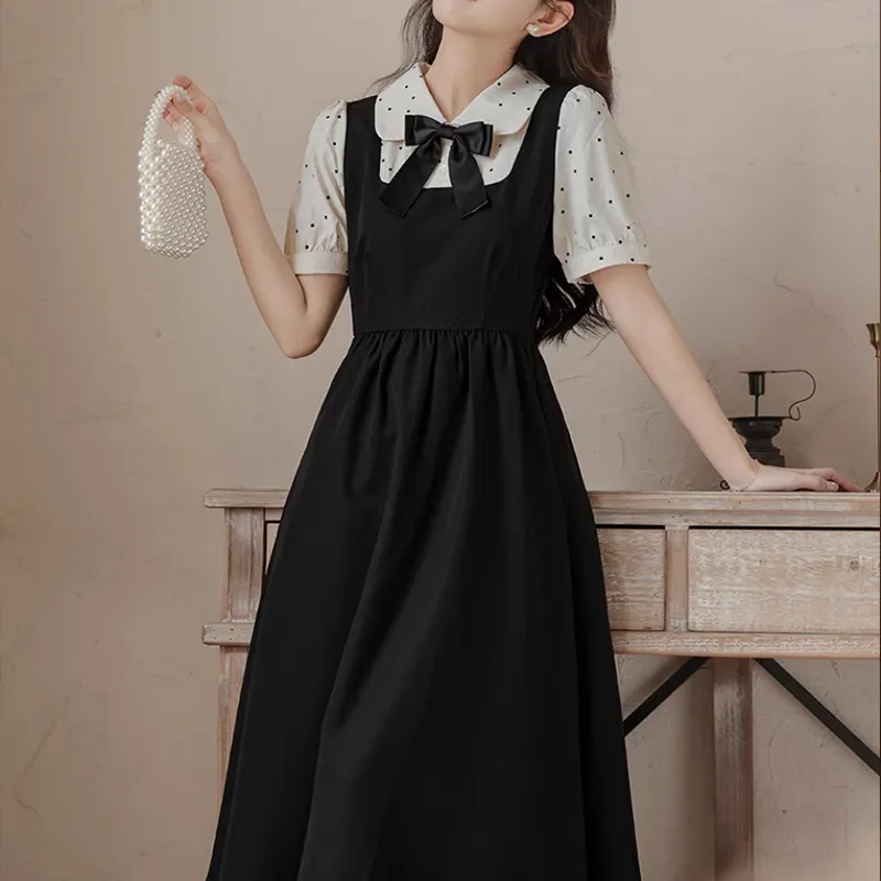 Alxnan Short Sleeved Dress Women's Black Apricot Patchwork-5