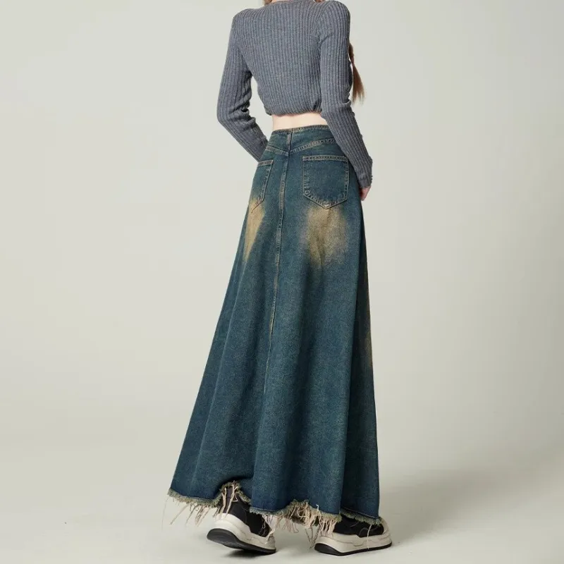 Alxnan Denim Long Skirts Women's Vintage Blue-5