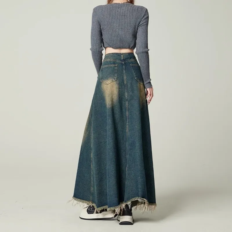 Alxnan Denim Long Skirts Women's Vintage Blue-0