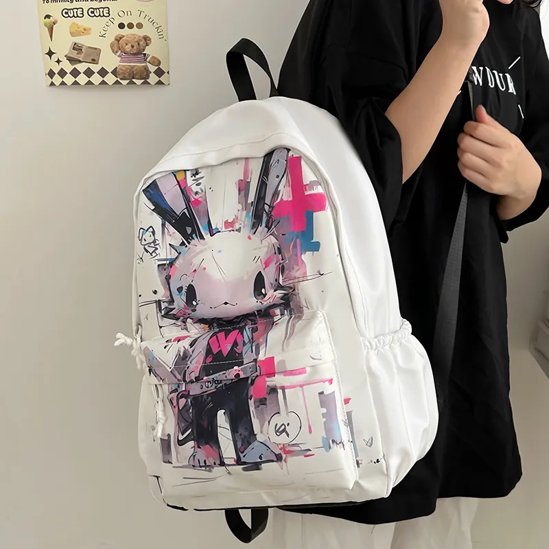 OUZIHUANG Nylon Backpack Regular Unisex White Rabbit/Black Rabbit-4