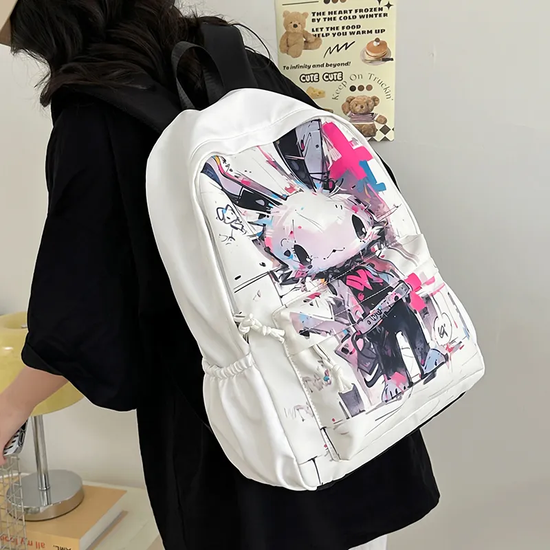 OUZIHUANG Nylon Backpack Regular Unisex White Rabbit/Black Rabbit-2