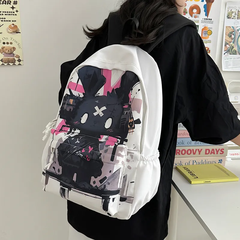 OUZIHUANG Nylon Backpack Regular Unisex White Rabbit/Black Rabbit-10