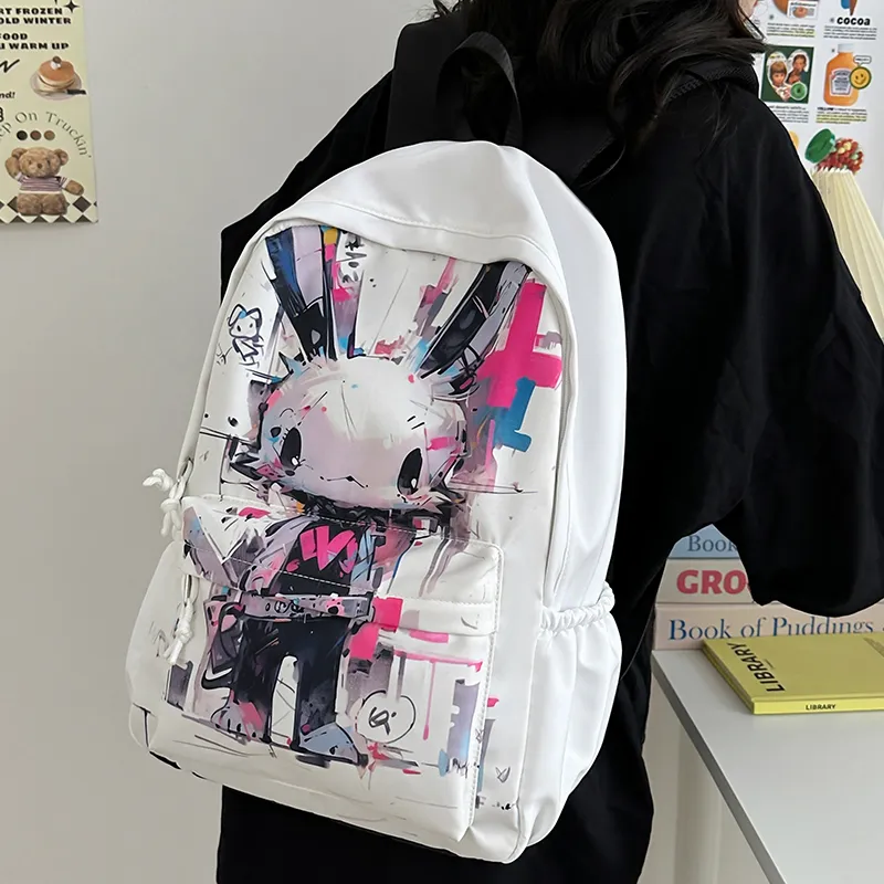 OUZIHUANG Nylon Backpack Regular Unisex White Rabbit/Black Rabbit-1