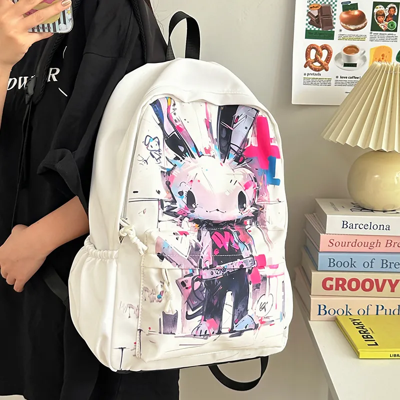 OUZIHUANG Nylon Backpack Regular Unisex White Rabbit/Black Rabbit-3