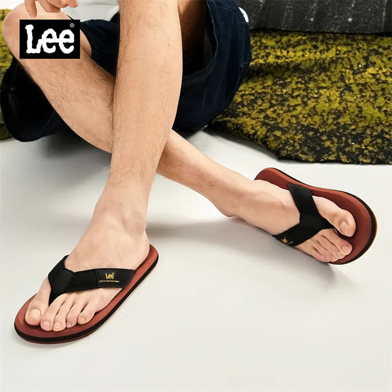 Lee Rubber Sole Stitching Odor Resistant Abrasion Resistant Slip Resistant Quick Dry Flip Flops Men's Black-7
