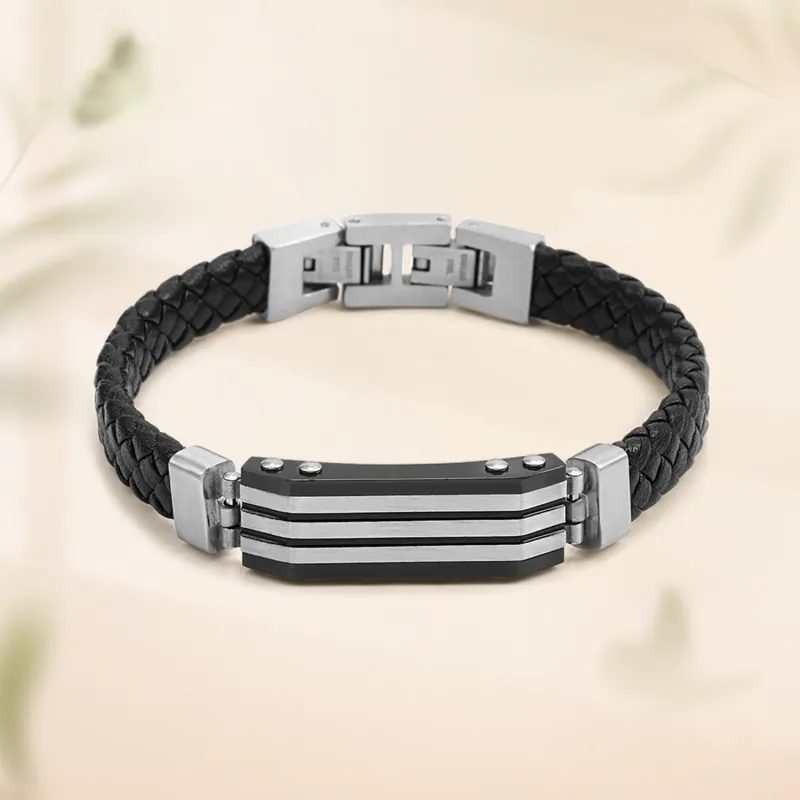 COLIMIDA Leather Cord Titanium Steel Wristbands Men's-2