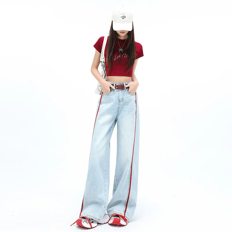 TIBINB Jeans Women's Blue Red Stripes Regular-2