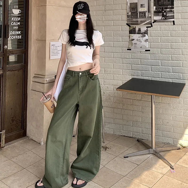 TIBINB Jeans Women's Army Green Wide Leg Pants-3