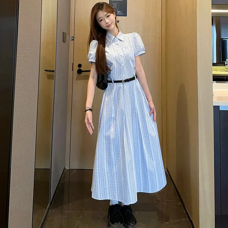 Vine Color Short Sleeved Dress Women's Light Blue Plaid-8