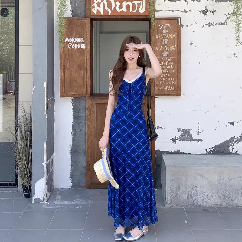 TIBINB Slip Dresses Women's Blue Camisole Dress-2