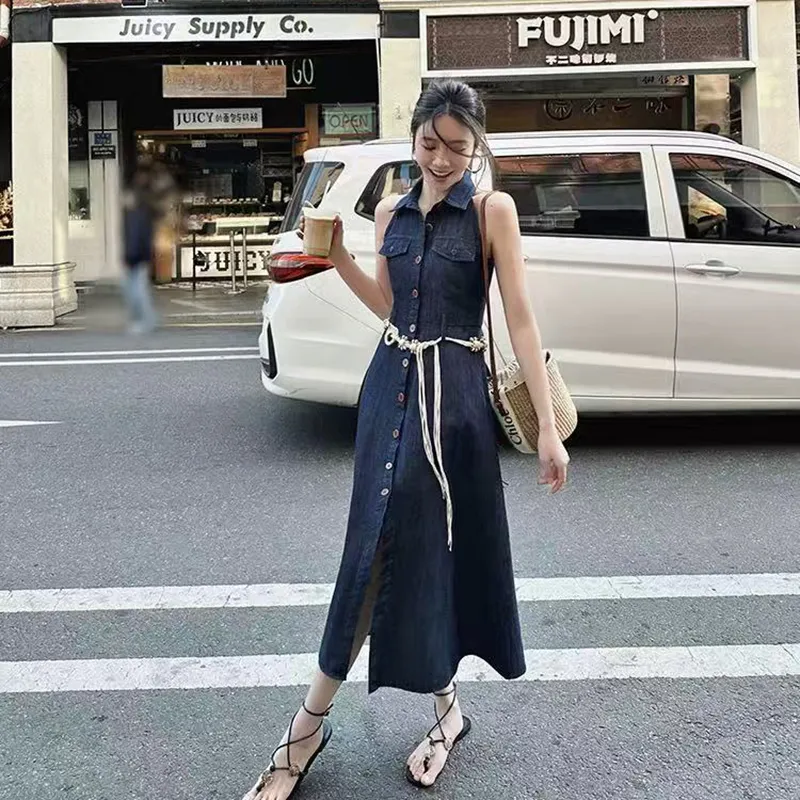 TIBINB Sleeveless Dress Women's Image Color With Belt-4