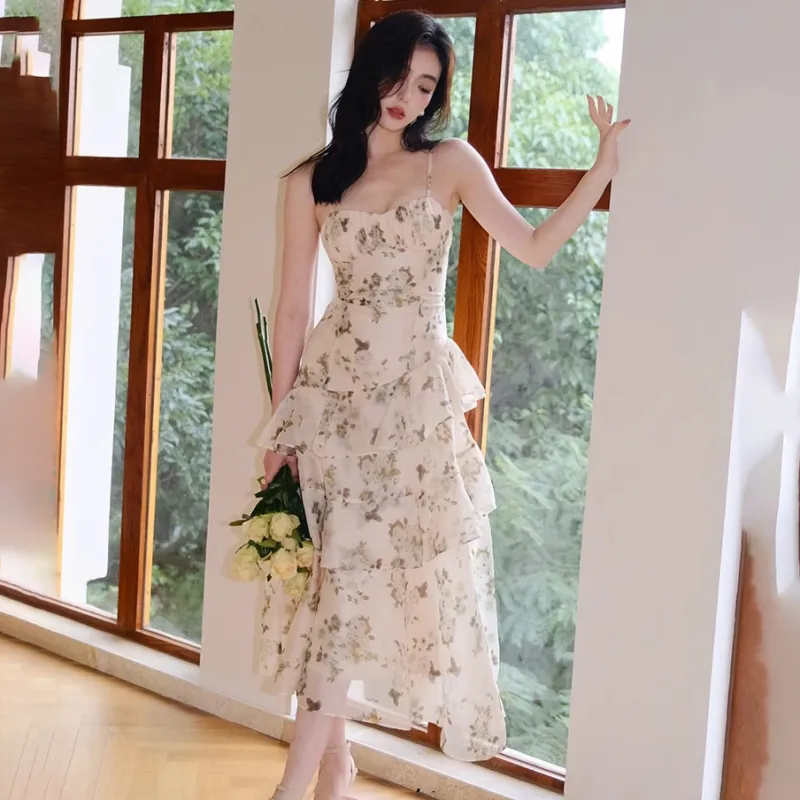 Vine Color Slip Dresses Women's Green Floral-2