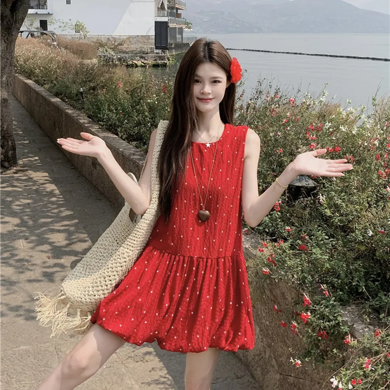 TIBINB Sleeveless Dress Women's Red-3
