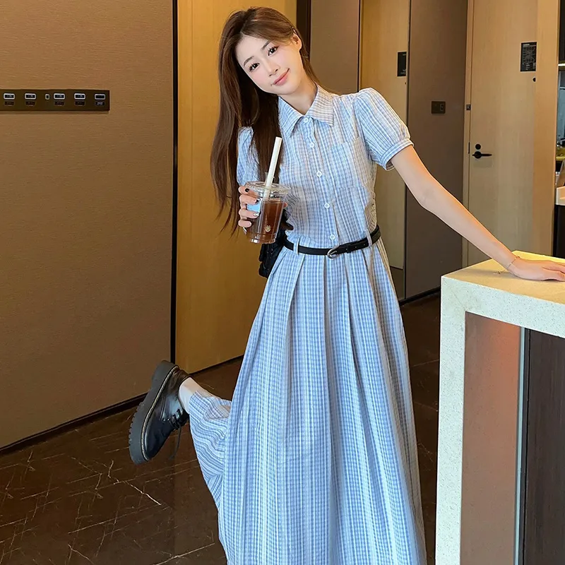 Vine Color Short Sleeved Dress Women's Light Blue Plaid-6