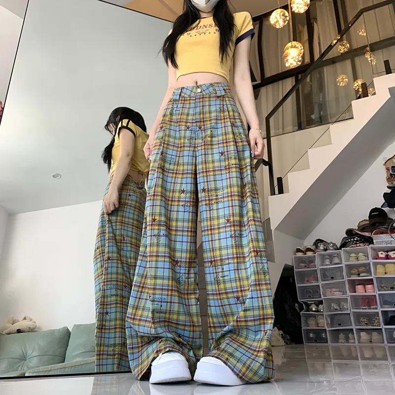 TIBINB Casual Pants Women's Yellow Blue Plaid-5