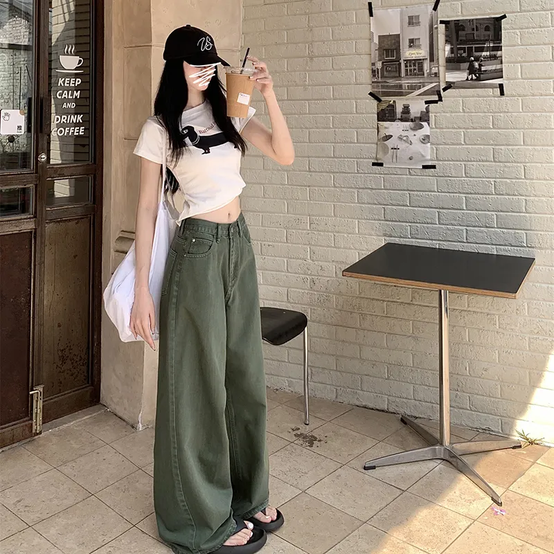 TIBINB Jeans Women's Army Green Wide Leg Pants-5