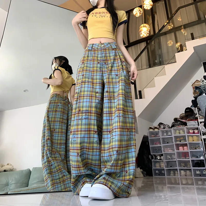 TIBINB Casual Pants Women's Yellow Blue Plaid-3