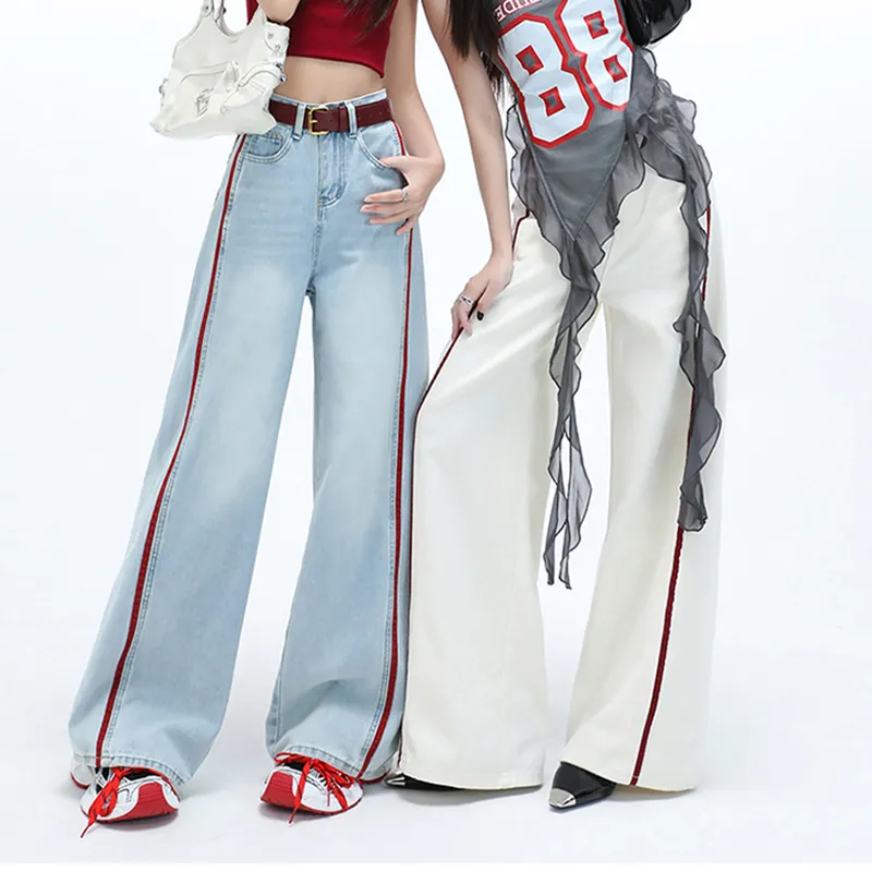 TIBINB Jeans Women's Blue Red Stripes Regular-4