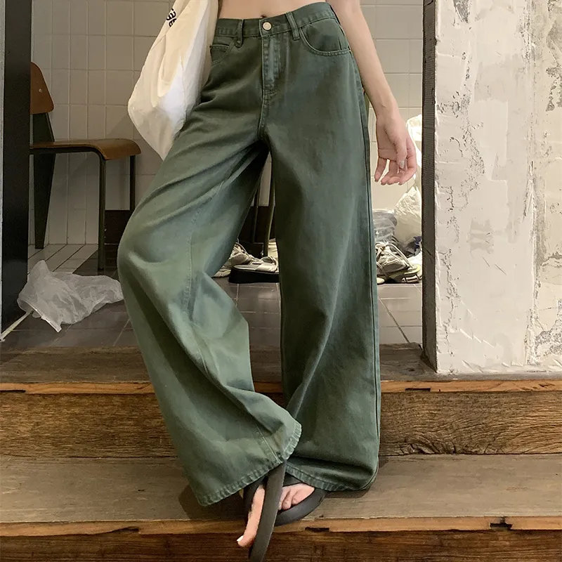 TIBINB Jeans Women's Army Green Wide Leg Pants-4