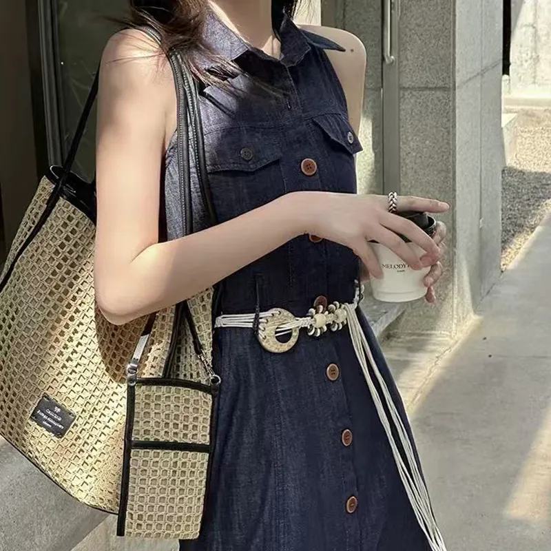 TIBINB Sleeveless Dress Women's Image Color With Belt-3
