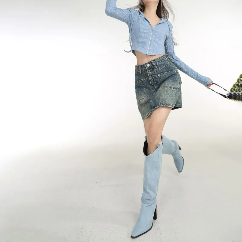 TIBINB Denim Short Skirts Women's Vintage Blue-2