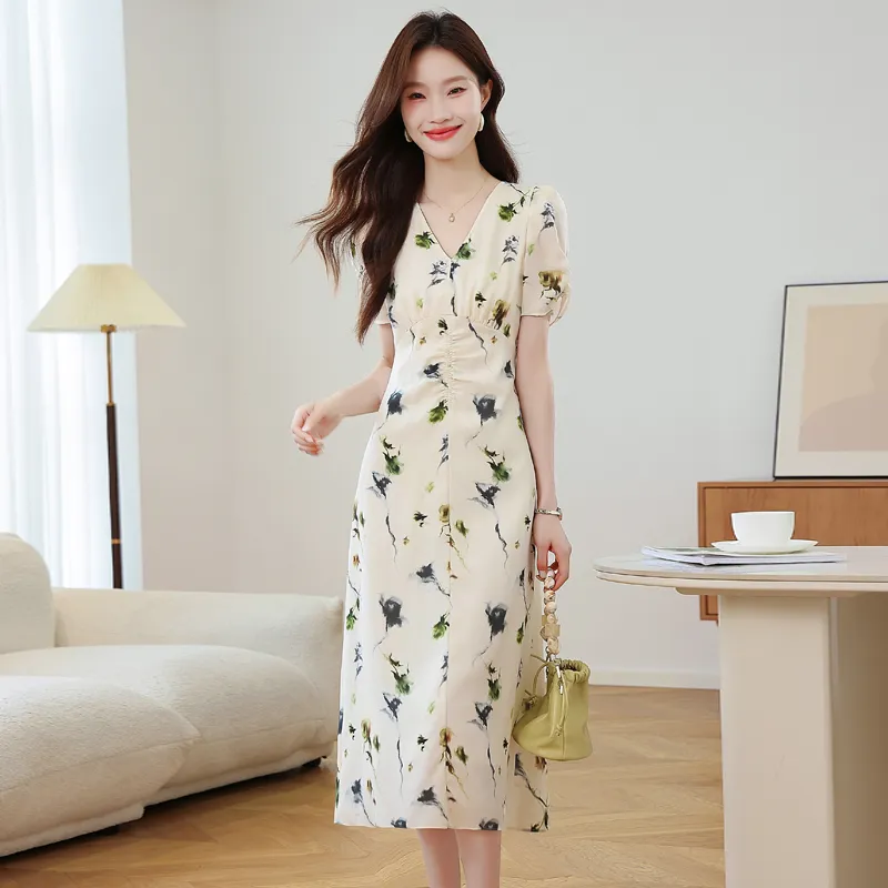 TIBINB Short Sleeved Dresses Women's Beige Base Color-2