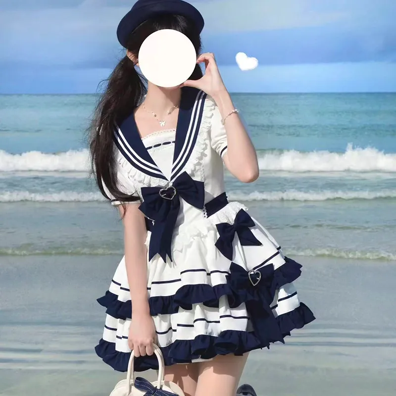 TIBINB Lolita Dresses Women's Blue White-5