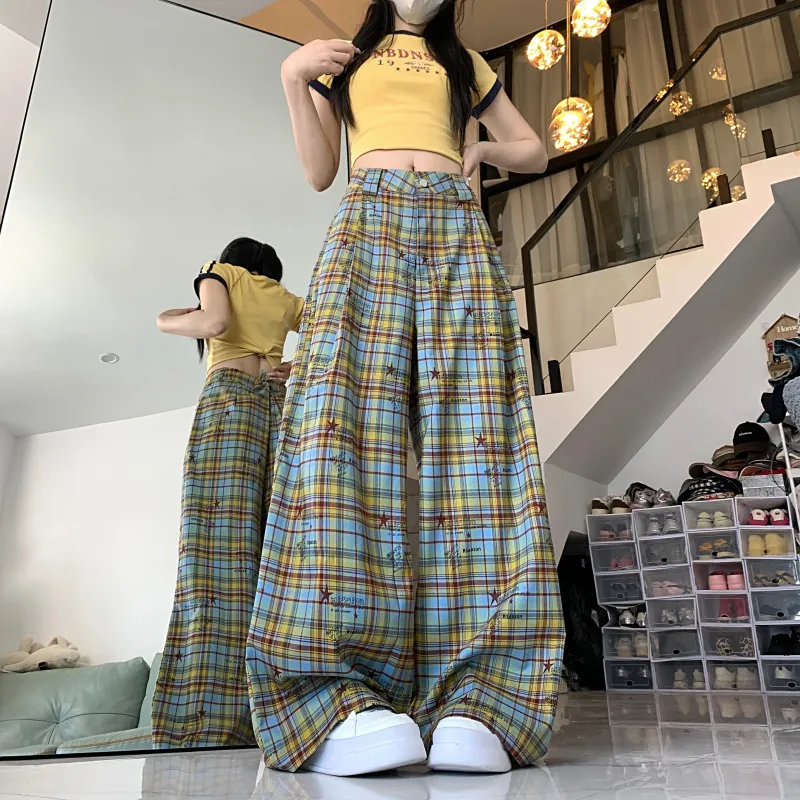 TIBINB Casual Pants Women's Yellow Blue Plaid-4