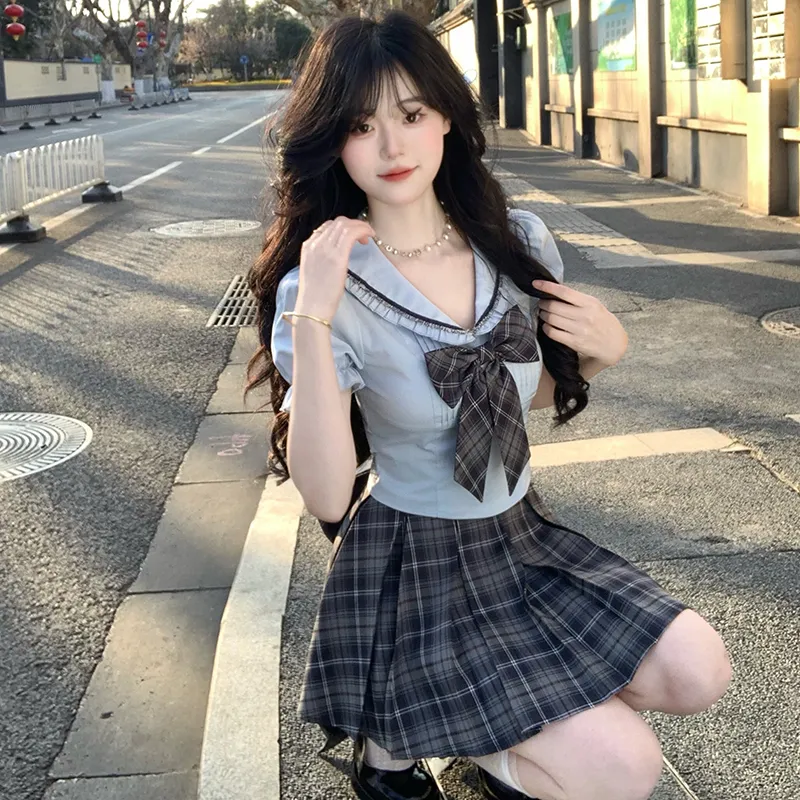 TIBINB Two Piece Skirt Sets Women's Blue Set Top+Skirt+Bowknot-6
