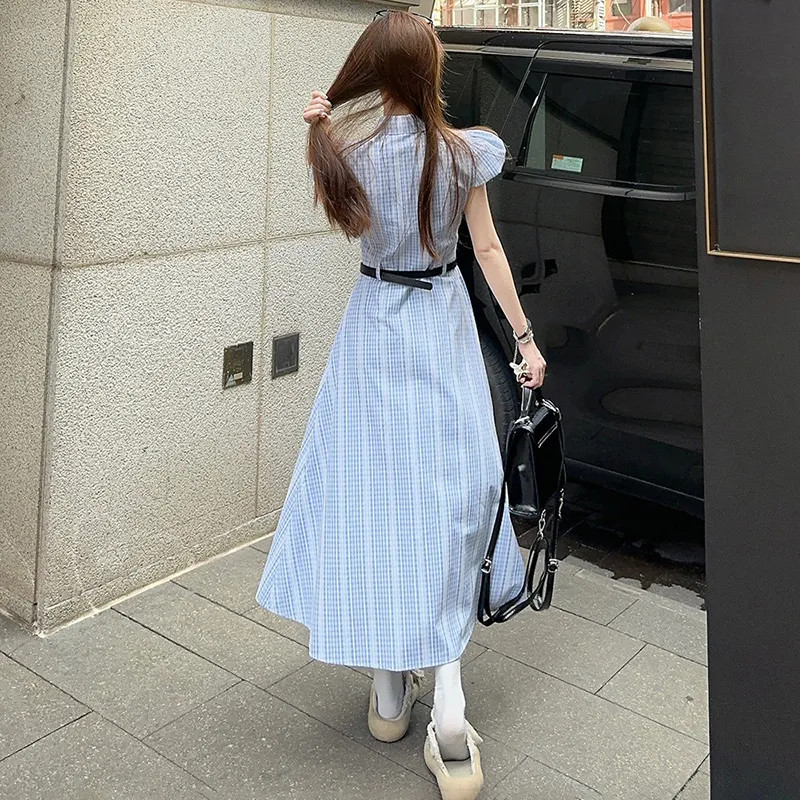 Vine Color Short Sleeved Dress Women's Light Blue Plaid-7