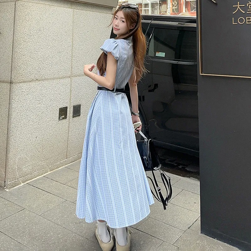 Vine Color Short Sleeved Dress Women's Light Blue Plaid-5