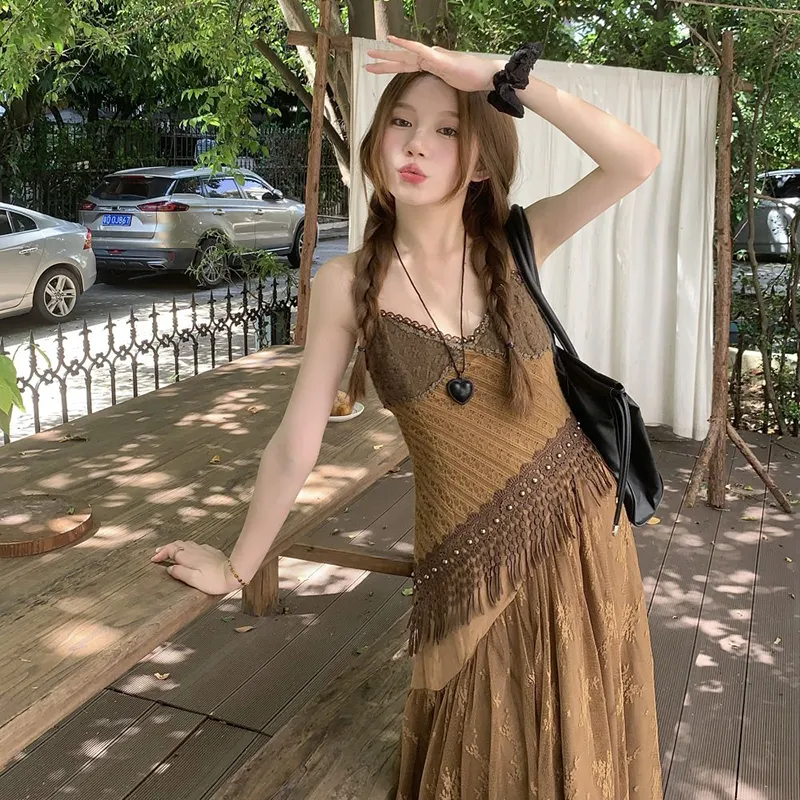 TIBINB Slip Dresses Women's Vintage Brown Slip Dress-2