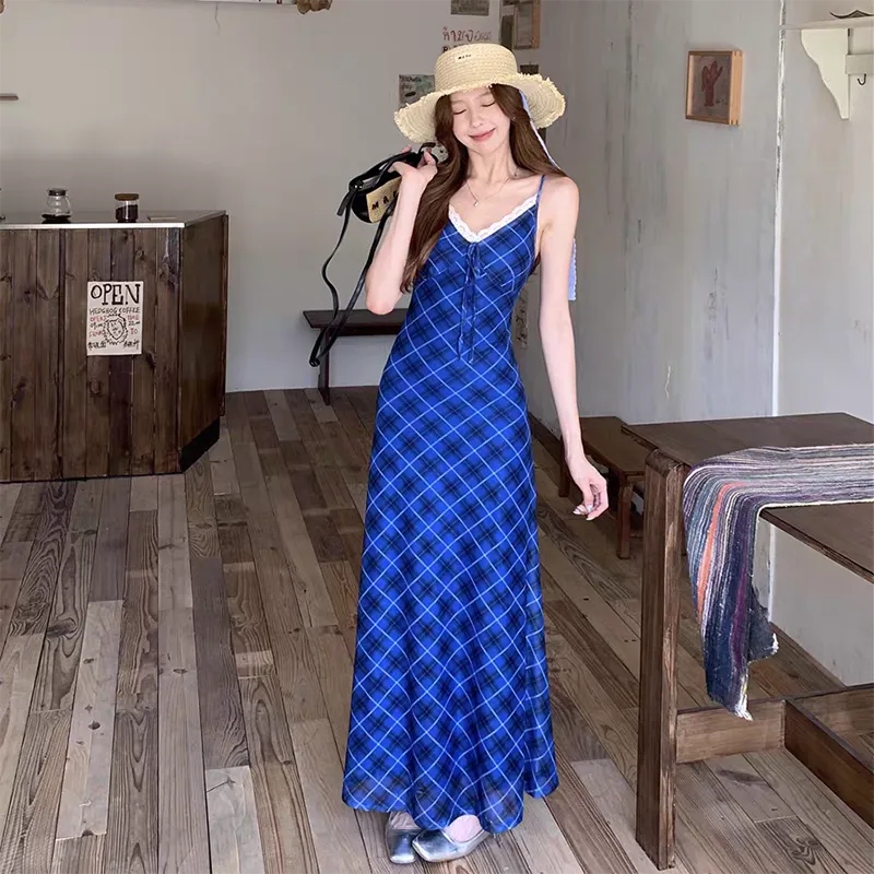 TIBINB Slip Dresses Women's Blue Camisole Dress-4