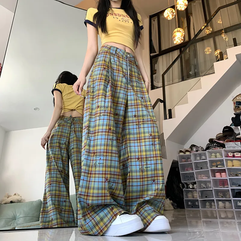 TIBINB Casual Pants Women's Yellow Blue Plaid-6