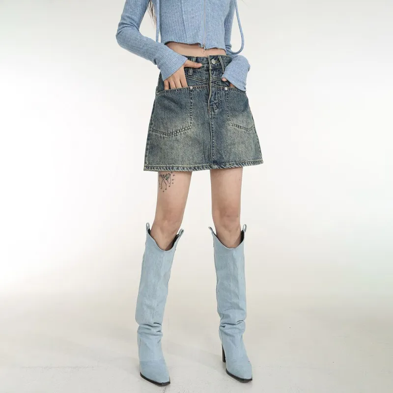 TIBINB Denim Short Skirts Women's Vintage Blue-3