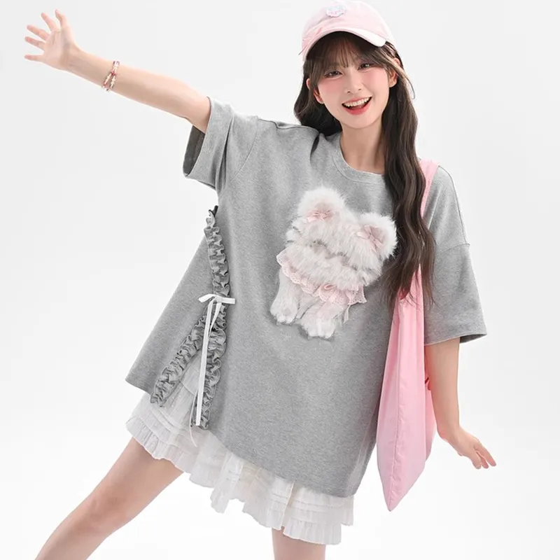 TIBINB Regular T Shirt Women's Gray-3