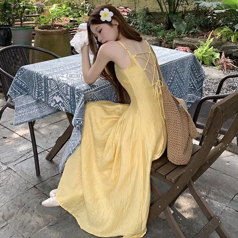 KUNZHUDAXIANG Slip Dress Women's Yellow-3