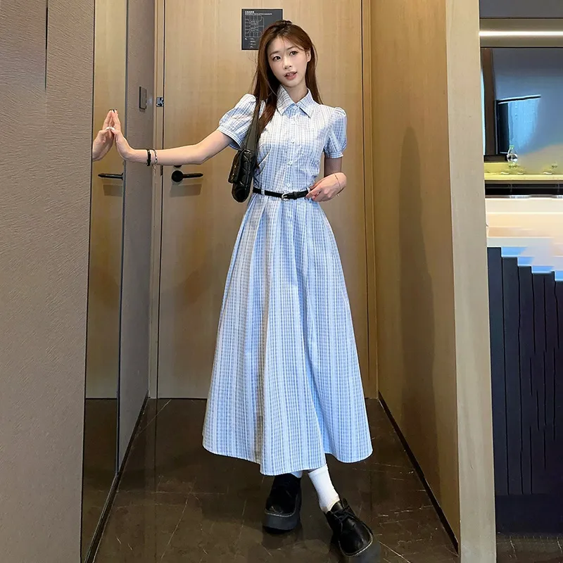Vine Color Short Sleeved Dress Women's Light Blue Plaid-10