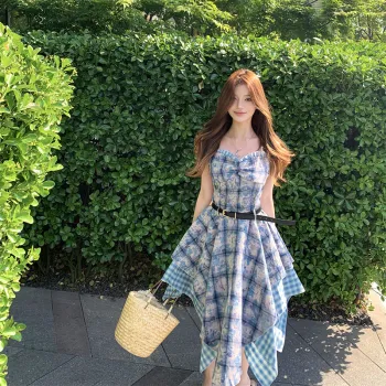 TIBINB Slip Dresses Women's Blue+Belt