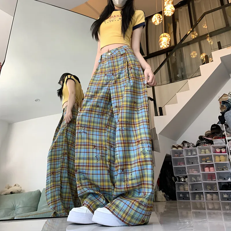 TIBINB Casual Pants Women's Yellow Blue Plaid-2
