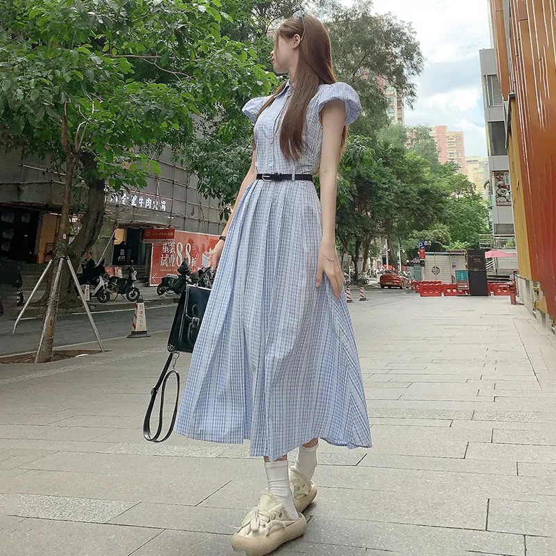 Vine Color Short Sleeved Dress Women's Light Blue Plaid-4