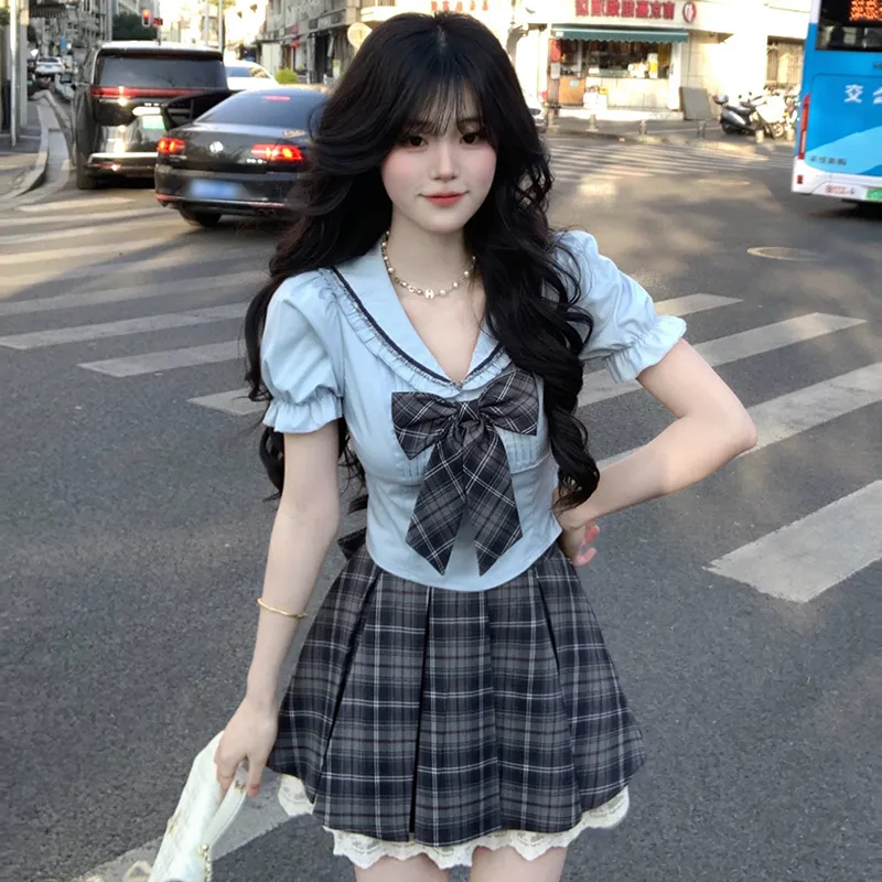 TIBINB Two Piece Skirt Sets Women's Blue Set Top+Skirt+Bowknot-5