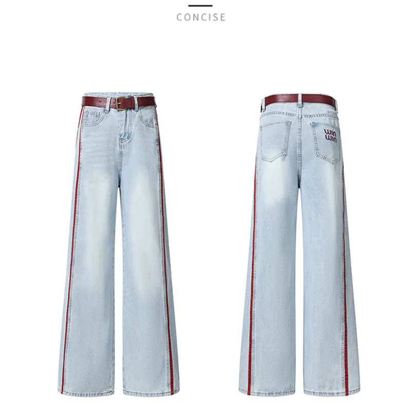 TIBINB Jeans Women's Blue Red Stripes Regular-5