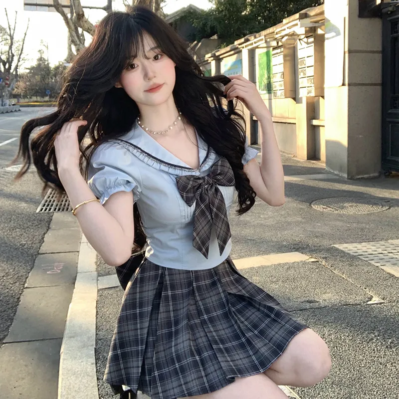 TIBINB Two Piece Skirt Sets Women's Blue Set Top+Skirt+Bowknot-2