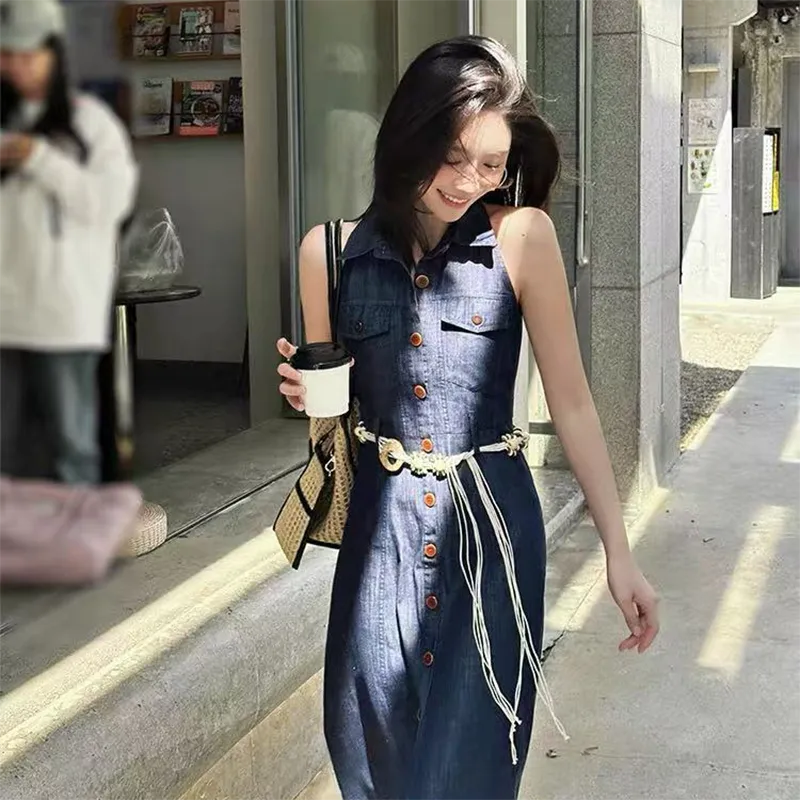 TIBINB Sleeveless Dress Women's Image Color With Belt-2