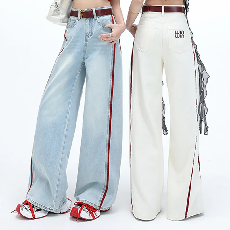 TIBINB Jeans Women's Blue Red Stripes Regular-6